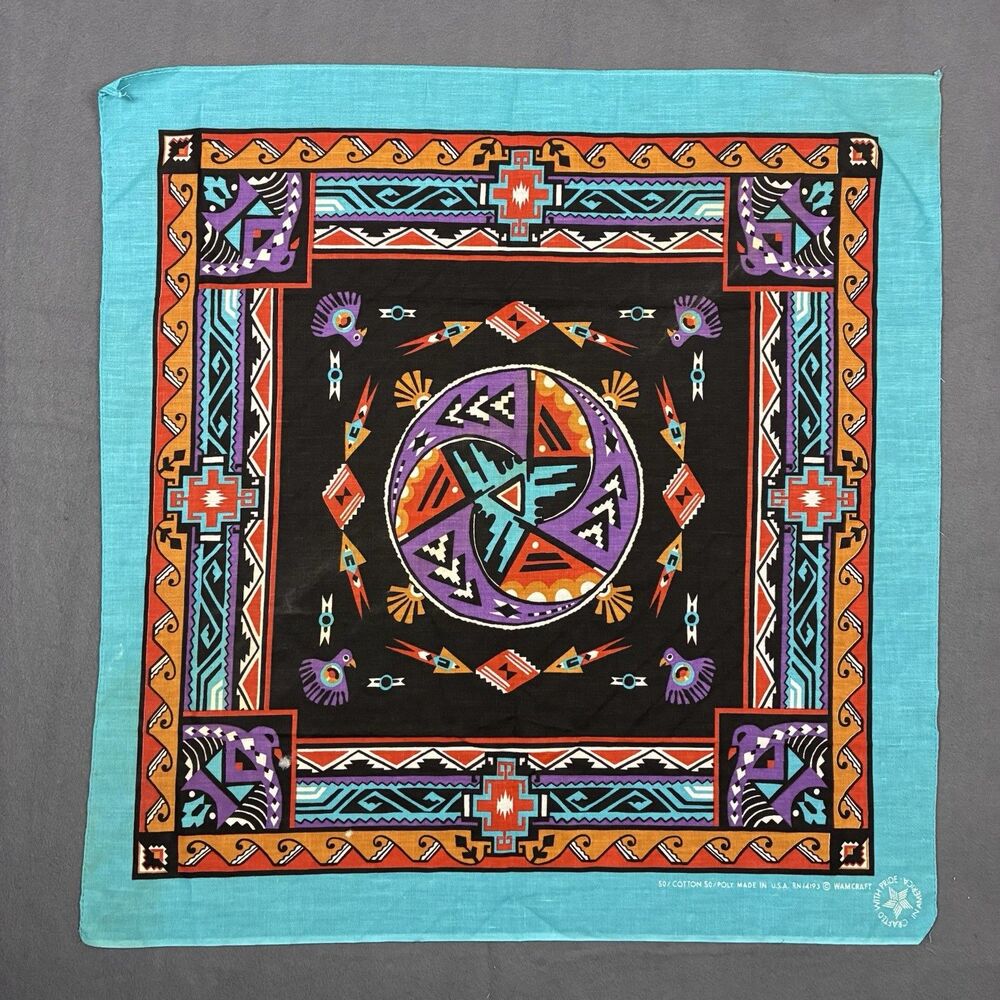 VIntage AZTEC SOUTHWEST TURQUOISE BLUE WAMCRAFT USA  BANDANA Hankie EUC